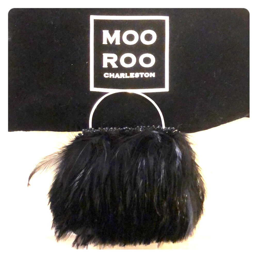 Moo Roo Charleston Black Feather Beaded Bag Purse